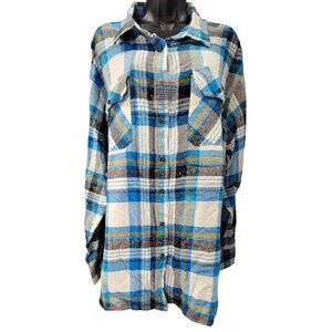 Blue Plaid Shirt Light Weight Long Sleeve Button-Up Pockets Womens 2X New